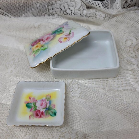 Darling Trinket Box w Tray Vintage Porcelain Flora - Picture 5 of 10